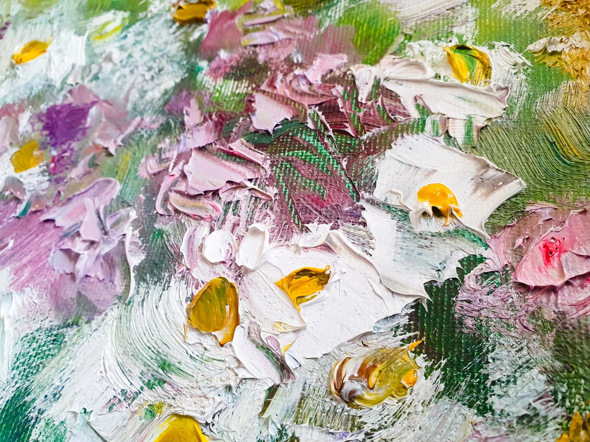 Close-up of acrylic floral painting texture